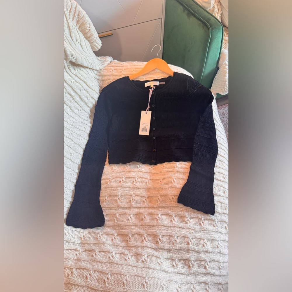 LOVESHACKFANCY MEDIA POINTELLE KNIT CARDIGAN IN BLACK, brand new, never worn. - Picture 12 of 14